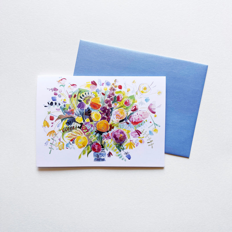 Wildflowers in blue and white vase note card